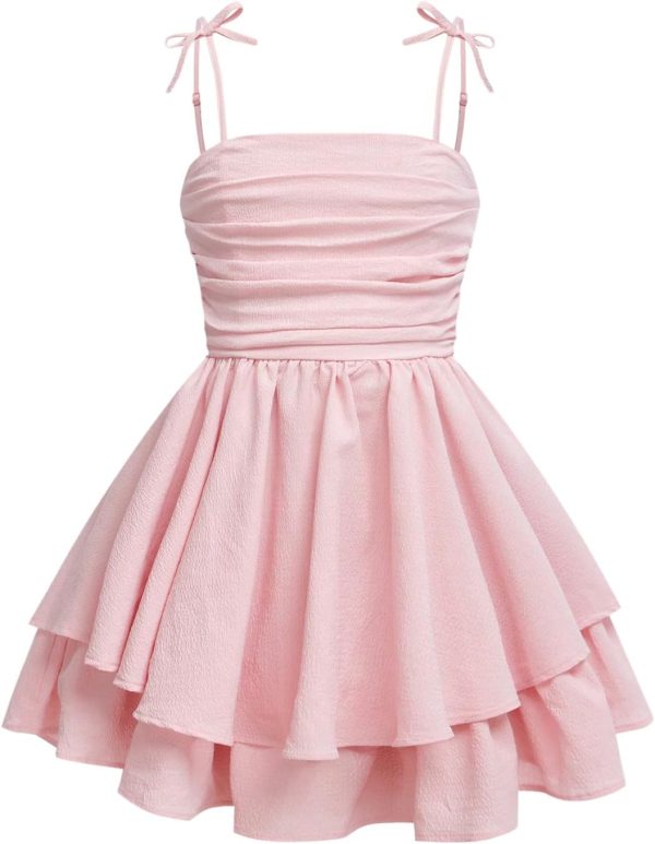Girl's Flowy Cami Dress Ruched Sleeveless Pink Layered Ruffle Kawaii Short Smocked Summer Dresses