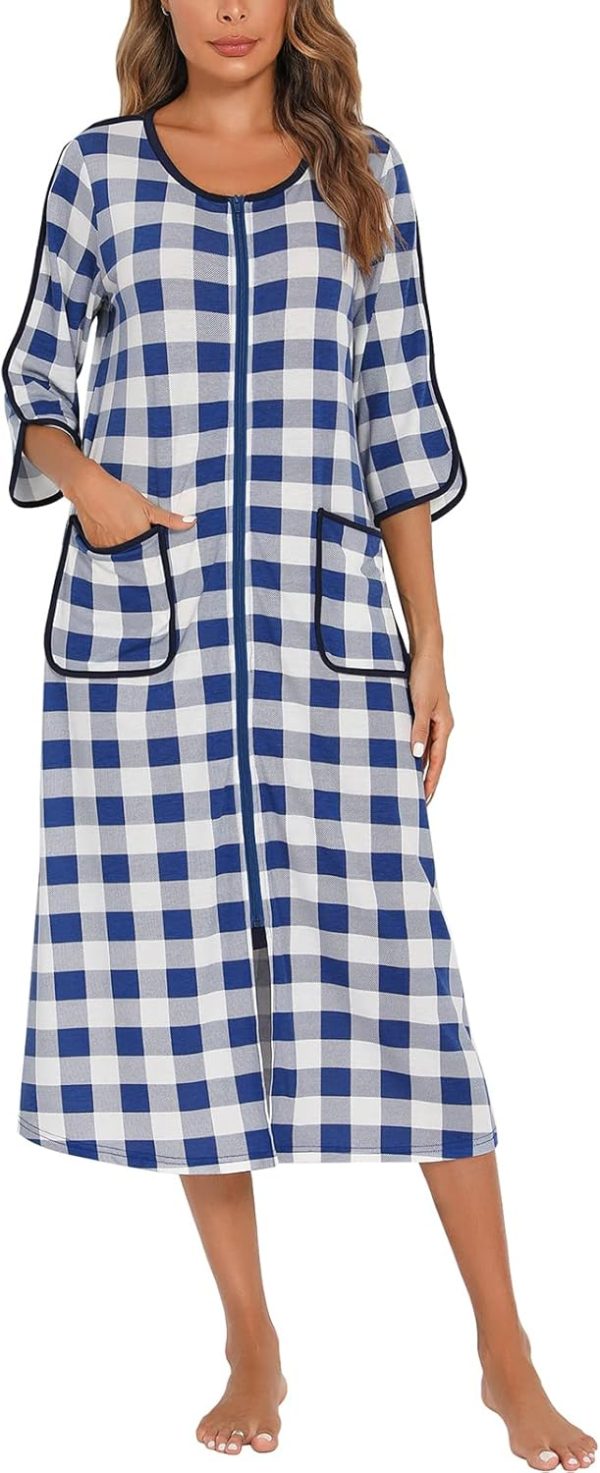 Women Zipper Robe Women Half Sleeve Bathrobe Full Length Ladies Stripe Housecoat with Pockets S-3XL