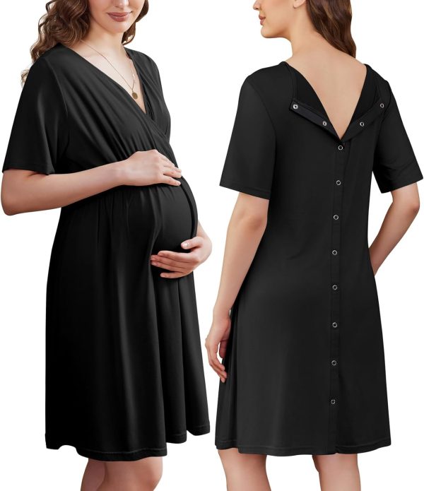 Labor and Delivery Gown for Hospital Short Sleeve Maternity Nursing Dress Nightgown with Button S-XXL
