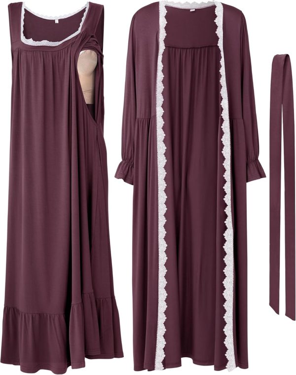 2 Pcs Lace Maternity Nursing Nightgown and Robe Set for Women Nursing Pajamas Gown Breastfeeding Pjs for Hospital