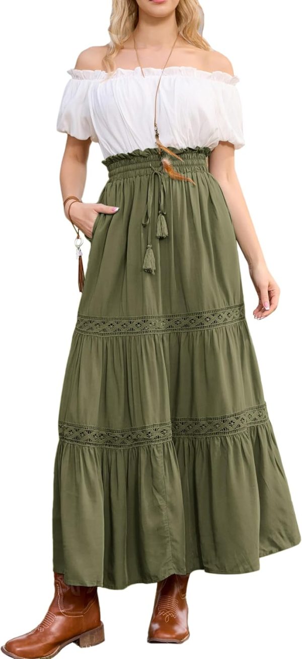 Women Renaissance Skirt  Lace Trim Tiered Maxi Skirts with Pockets