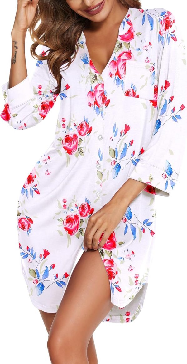 Women's Nightgown V Neck Striped Button Down Sleepwear 3/4 Sleeves Nightshirts Soft Button Sleep Dress S-XXL