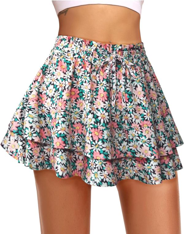 Women's Boho Ruffle Skirt Floral Tiered Mini Skirts with Shorts Underneath