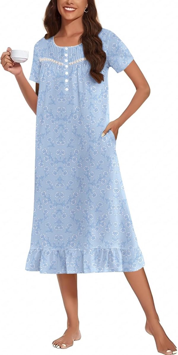 Cotton Nightgowns for Women Long Button Night Gowns Short Sleeve House Dress with Pockets Victorian Sleepwear