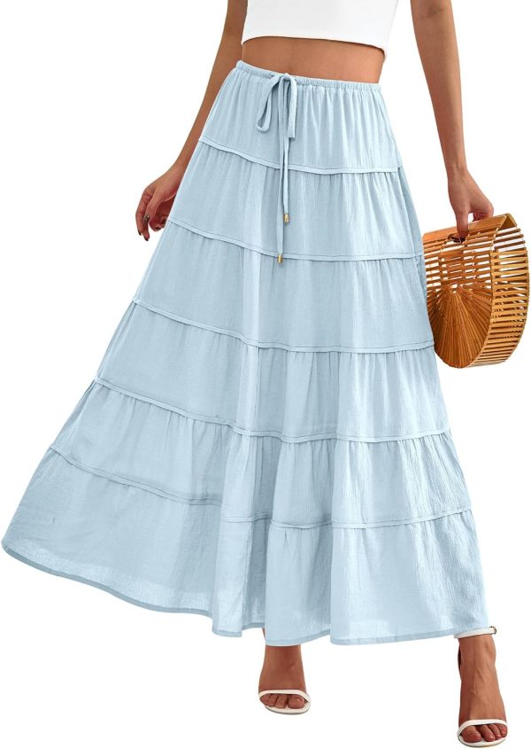 Women Summer Tiered Maxi Skirt Drawstring Elastic Mid-Waist A Line Boho Beach Dress Flowy Long Skirts with Pocket