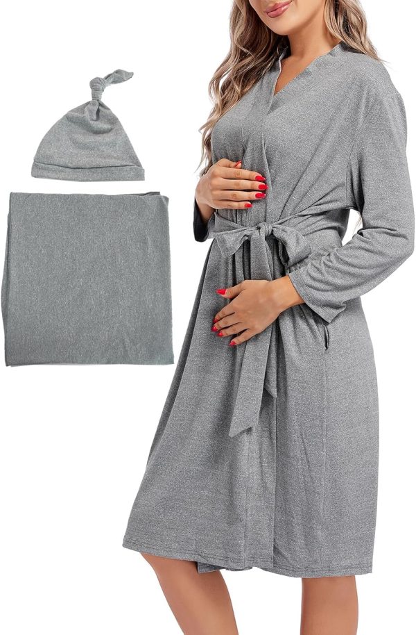 Maternity Mommy Robes with Matching Swaddle Blanket Set, Maternity Mommy Postpartum Bathrobe Sleepwear